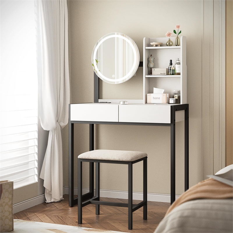 Pemberly Row Small Vanity Desk with LED Mirror in White and Black Metal