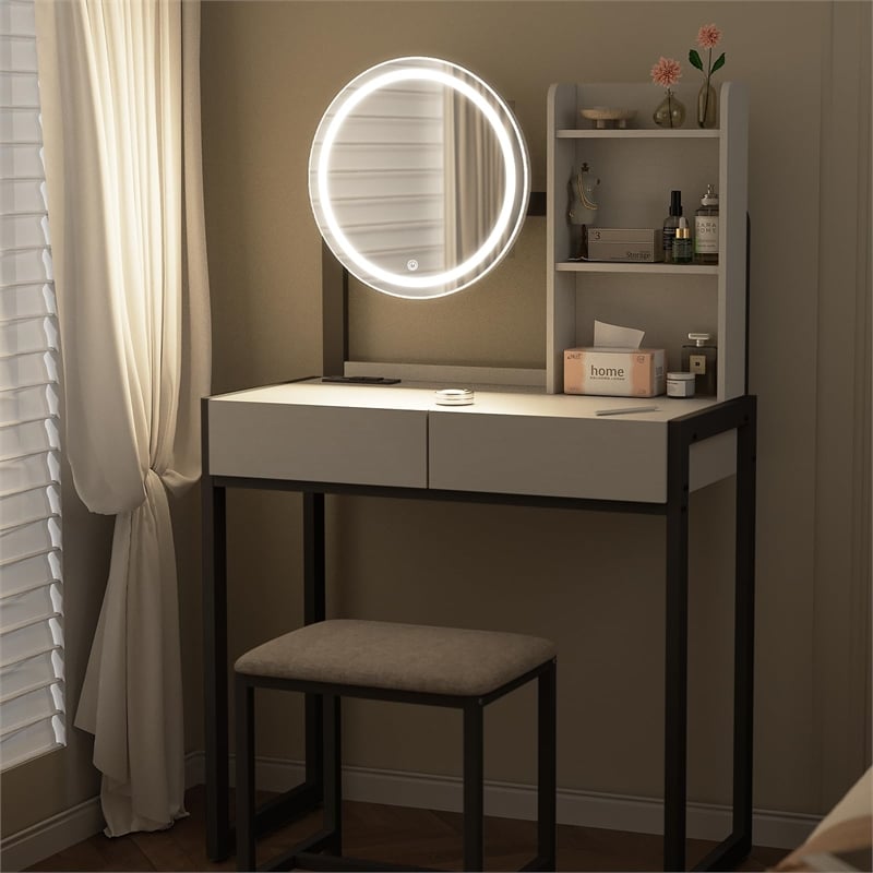 Pemberly Row Small Vanity Desk with LED Mirror in White and Black Metal