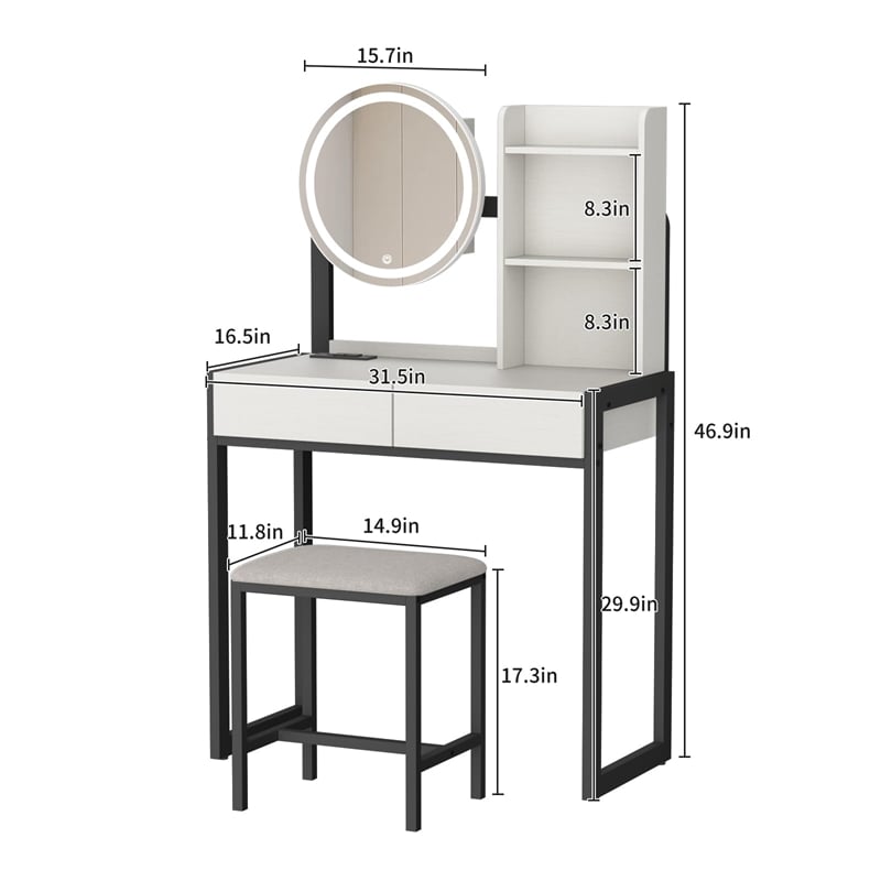 Pemberly Row Small Vanity Desk with LED Mirror in White and Black Metal