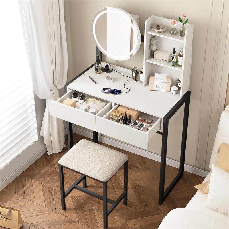 Pemberly Row Small Vanity Desk with LED Mirror in White and Black Metal