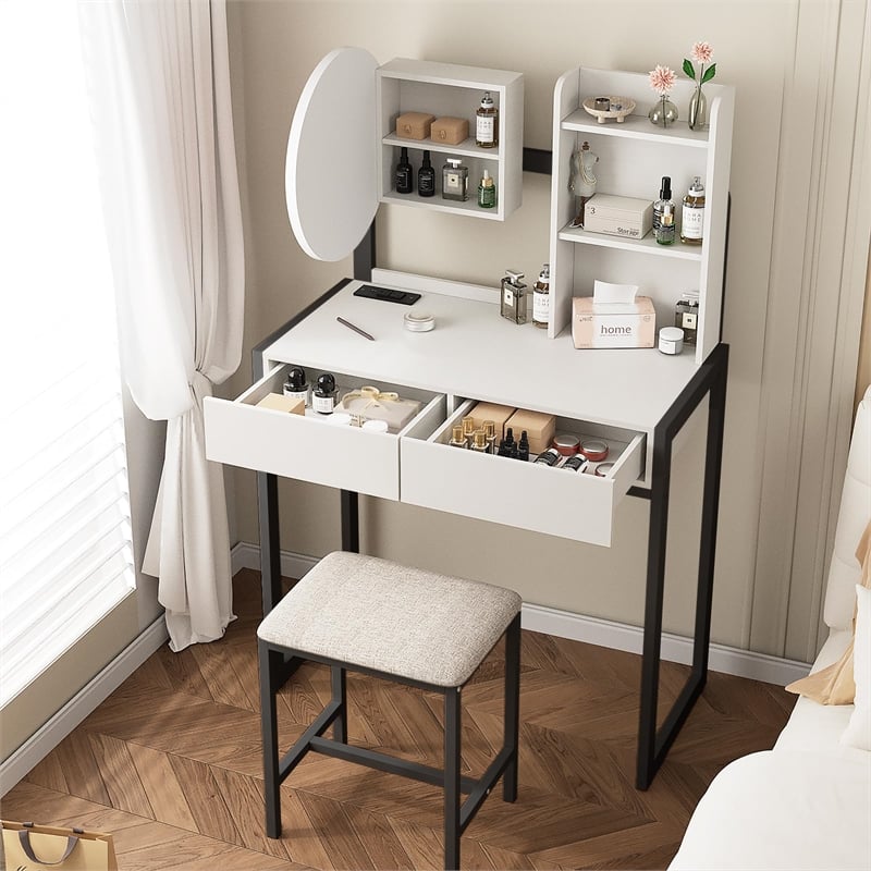 Pemberly Row Small Vanity Desk with LED Mirror in White and Black Metal