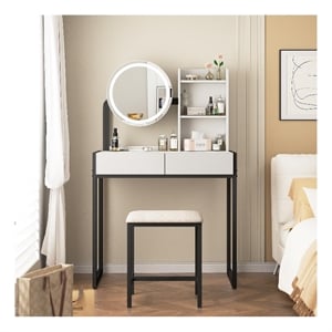 Pemberly Row Small Vanity Desk with LED Mirror in White and Black Metal