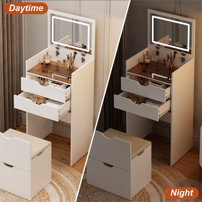 Pemberly Row White Wood 3-in-1 Dressing Table Set with LED Mirror and Stool
