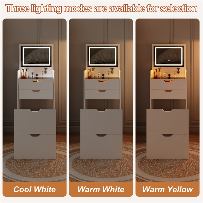 Pemberly Row White Wood 3-in-1 Dressing Table Set with LED Mirror and Stool