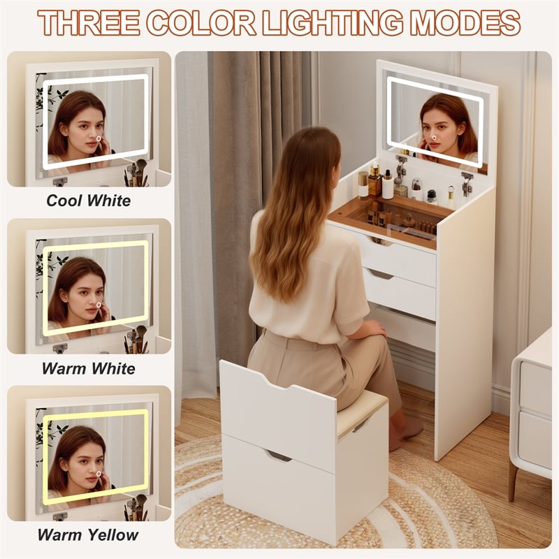 Pemberly Row White Wood 3-in-1 Dressing Table Set with LED Mirror and Stool