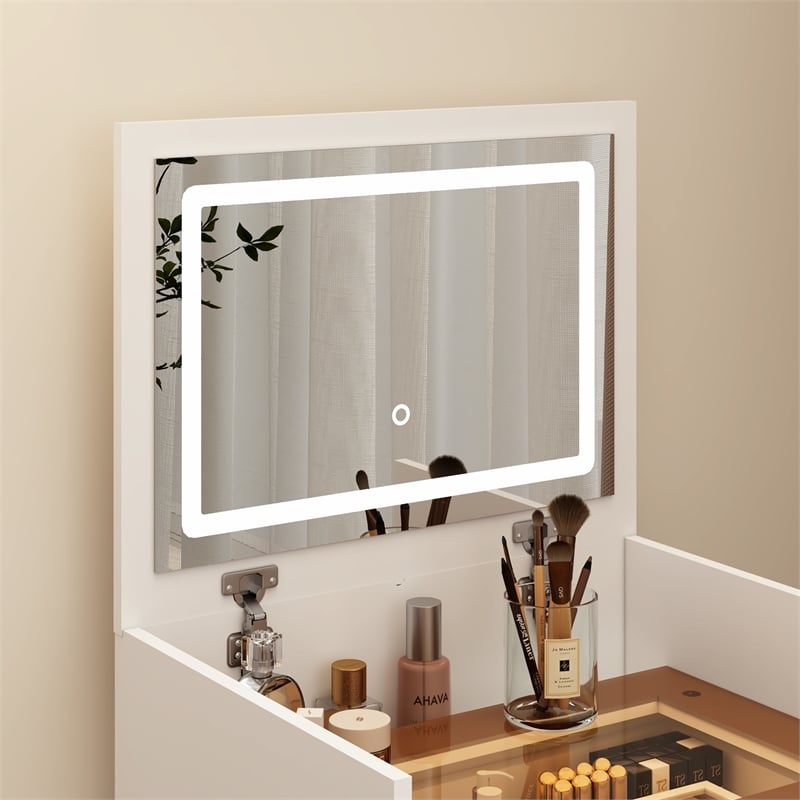 Pemberly Row White Wood 3-in-1 Dressing Table Set with LED Mirror and Stool