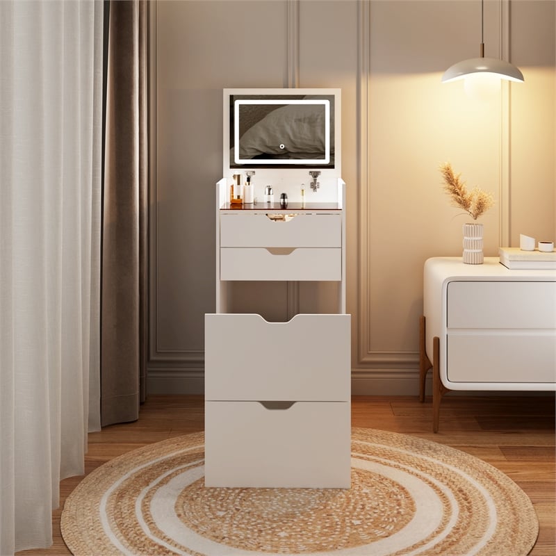 Pemberly Row White Wood 3-in-1 Dressing Table Set with LED Mirror and Stool