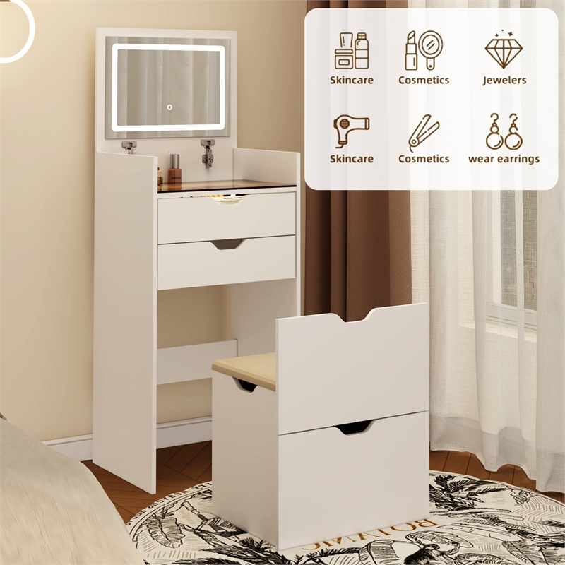 Pemberly Row White Wood 3-in-1 Dressing Table Set with LED Mirror and Stool
