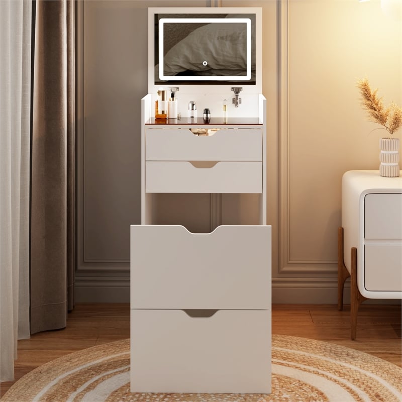 Pemberly Row White Wood 3-in-1 Dressing Table Set with LED Mirror and Stool