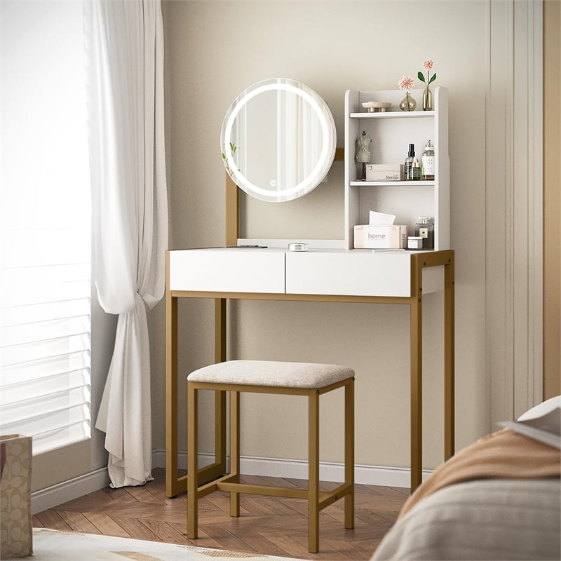 Pemberly Row White and Gold Metal Wood Vanity Desk with LED Mirror
