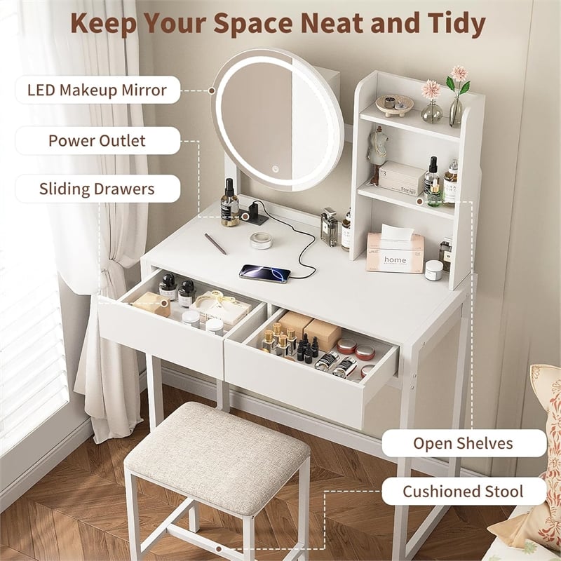 Pemberly Row White Metal and Wood Vanity Desk with LED Mirror Power Outlet