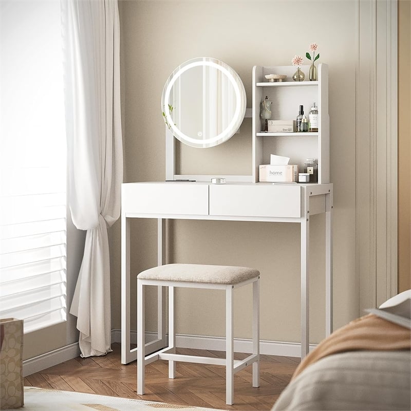 Pemberly Row White Metal and Wood Vanity Desk with LED Mirror Power Outlet