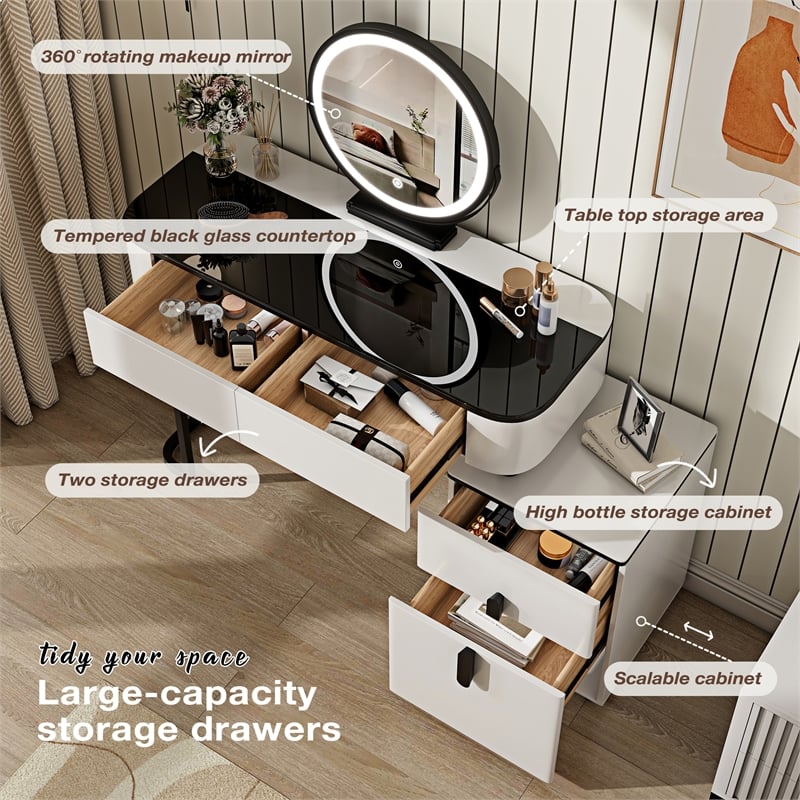 Pemberly Row White Wood Vanity Table Set with Tempered Glass Top and Mirror
