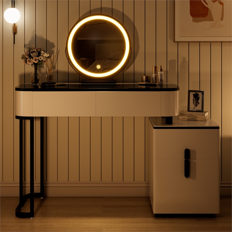Pemberly Row White Wood Vanity Table Set with Tempered Glass Top and Mirror