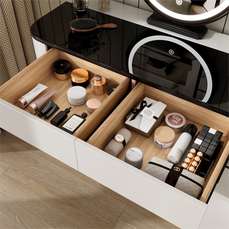 Pemberly Row White Wood Vanity Table Set with Tempered Glass Top and Mirror