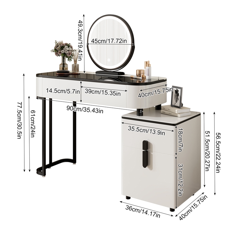 Pemberly Row White Wood Vanity Table Set with Tempered Glass Top and Mirror