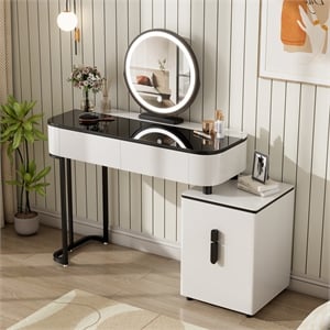 Pemberly Row White Wood Vanity Table Set with Tempered Glass Top and Mirror