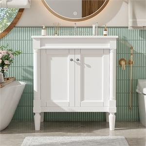 Pemberly Row 30&quot White Solid Wood Bathroom Vanity with Sink and Cabinet