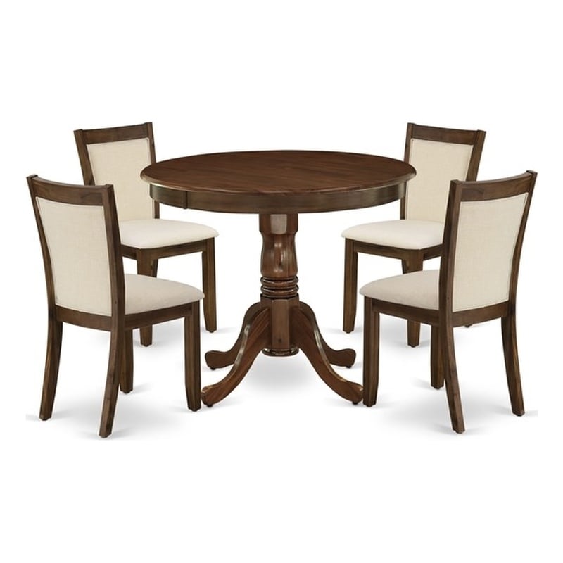 Pemberly Row 5-Piece Dining Set with Antique Walnut Finish and Beige Chairs