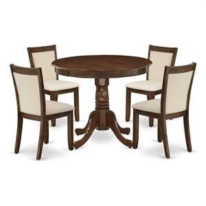 Pemberly Row 5-Piece Dining Set with Antique Walnut Finish and Beige Chairs