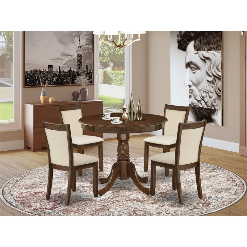 Pemberly Row 5-Piece Dining Set with Antique Walnut Finish and Beige Chairs