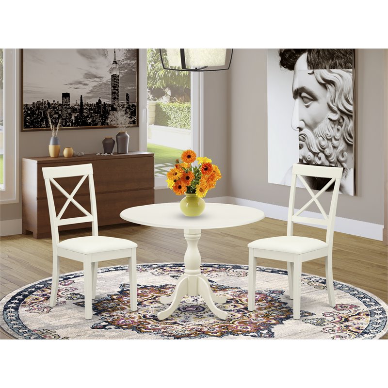 Pemberly Row 3-Piece Dining Table Set with Leather Seats in Linen White