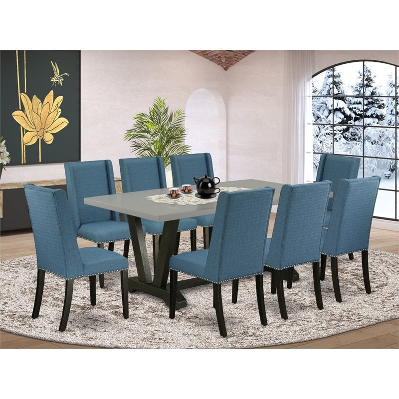 Pemberly Row 9-Piece Dining Set with Wood Table and Beige Linen Chairs