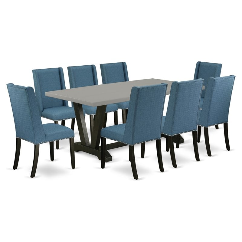 Pemberly Row 9-Piece Dining Set with Wood Table and Beige Linen Chairs