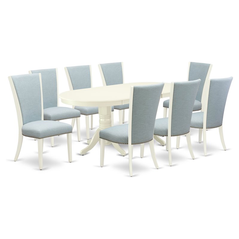 Pemberly Row 9-Piece Linen White Wood Dining Set with Baby Blue Chairs