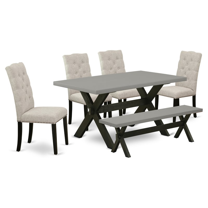 Pemberly Row X-Style 6-Piece Dining Set with Bench in Doeskin and Black