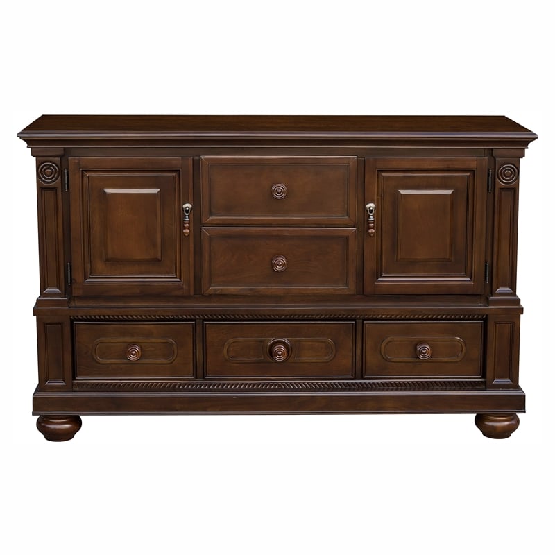 Pemberly Row Wooden Buffet with 2 Cabinets 5 Drawers and Bun Feet in Brown