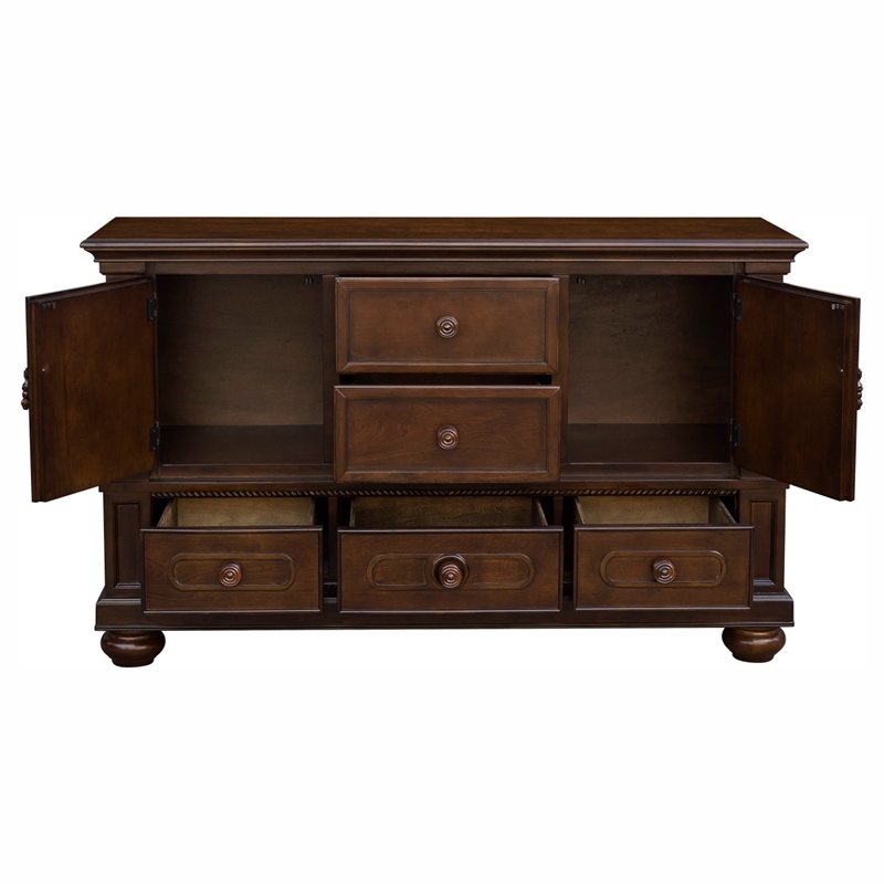 Pemberly Row Wooden Buffet with 2 Cabinets 5 Drawers and Bun Feet in Brown