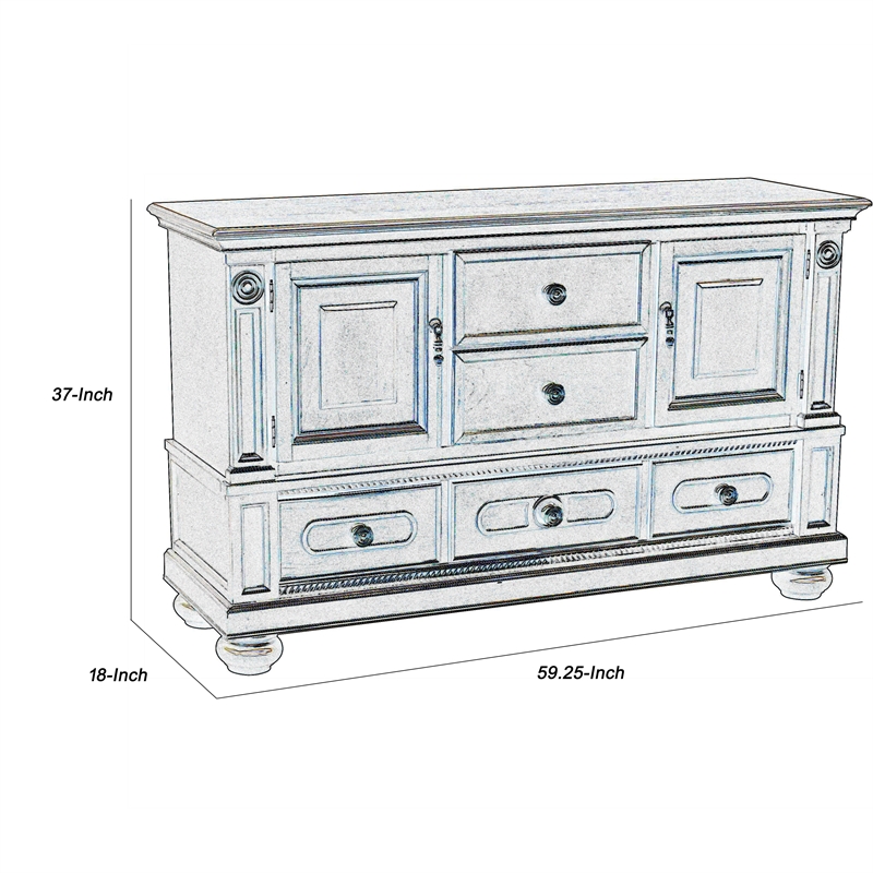 Pemberly Row Wooden Buffet with 2 Cabinets 5 Drawers and Bun Feet in Brown
