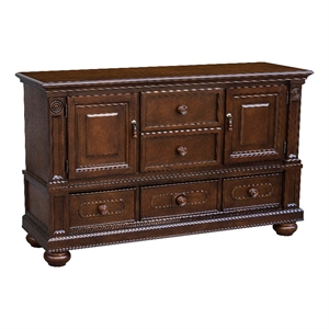 Pemberly Row Wooden Buffet with 2 Cabinets 5 Drawers and Bun Feet in Brown
