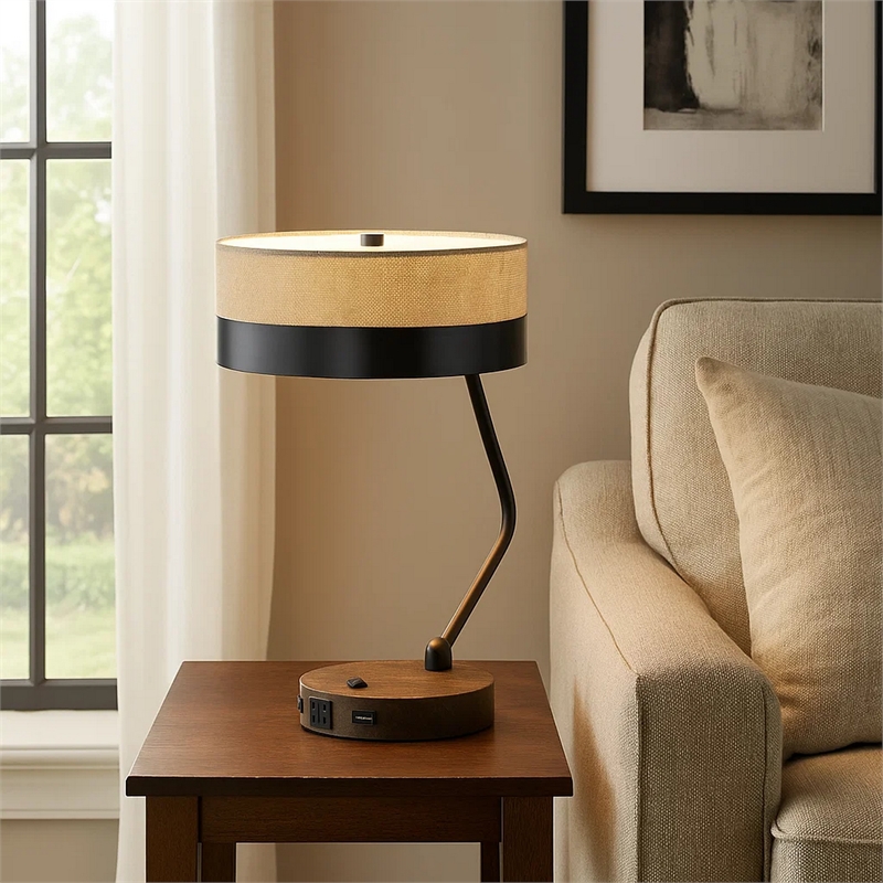 Pemberly Row Desk Lamp with USB Ports and Power Outlet Base in Beige/Black
