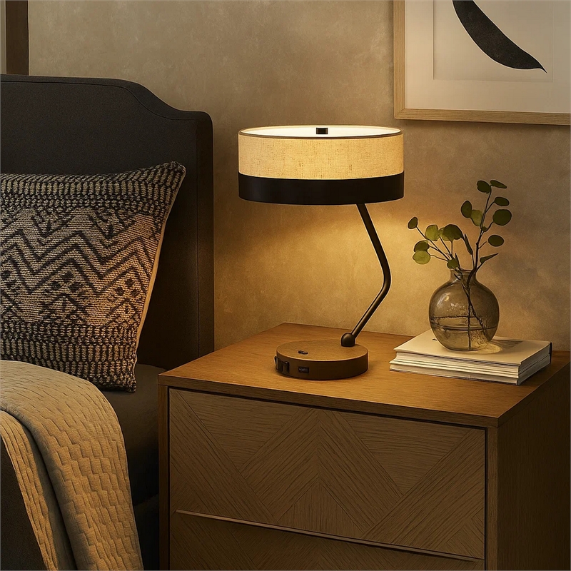 Pemberly Row Desk Lamp with USB Ports and Power Outlet Base in Beige/Black