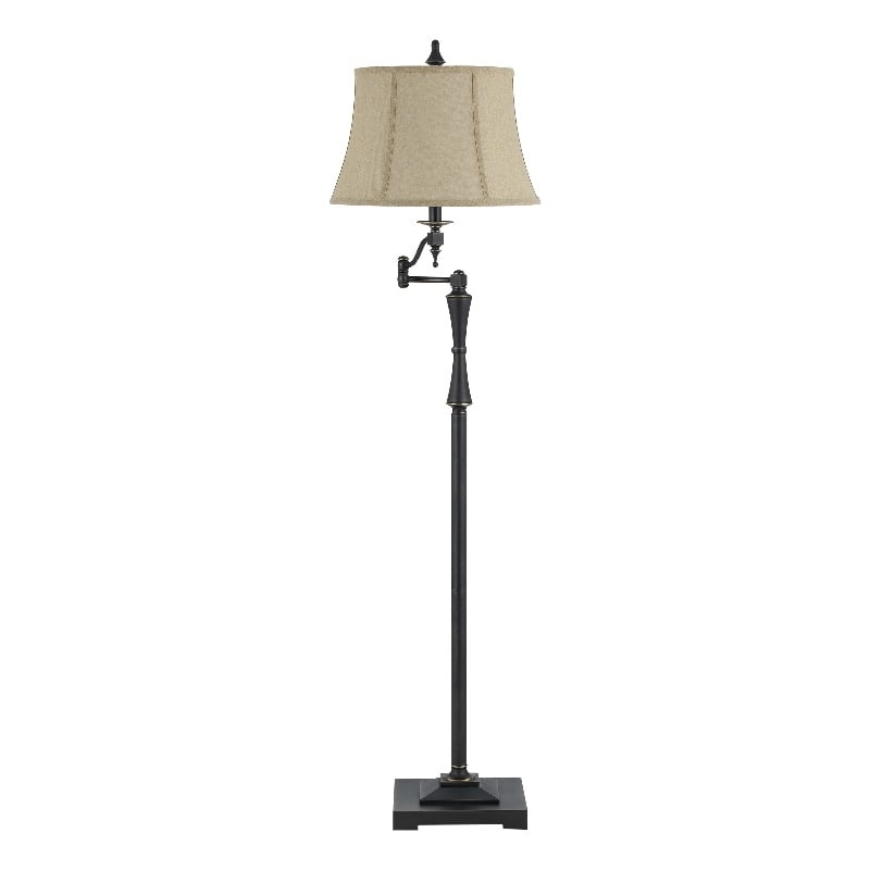 Pemberly Row Metal Floor Lamp with Swing Arm and Bell Shade in Beige/Black