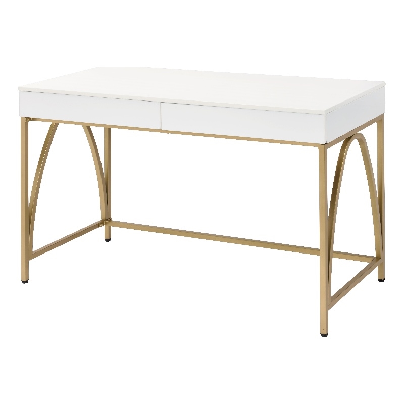 Pemberly Row Desk with 2 Drawers and Gold Metal Frame in White/Gold