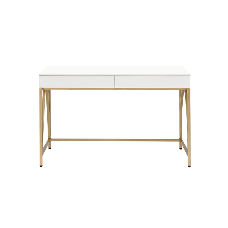 Pemberly Row Desk with 2 Drawers and Gold Metal Frame in White/Gold