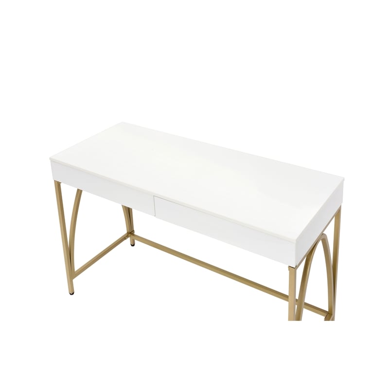 Pemberly Row Desk with 2 Drawers and Gold Metal Frame in White/Gold