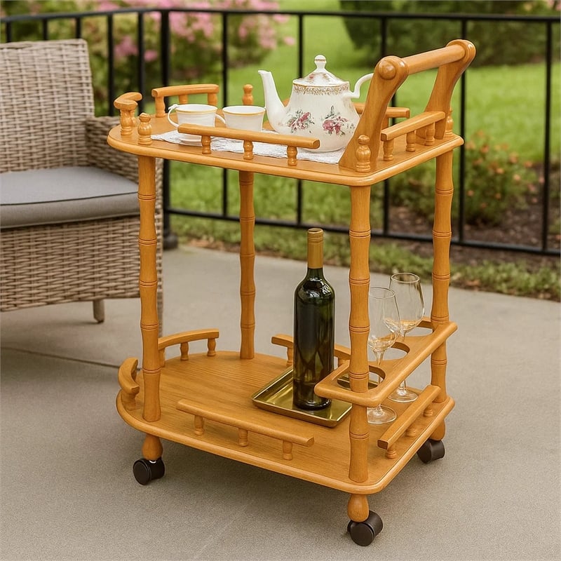 Pemberly Row 2-Tier Wine Table on Casters with Wine Rack in Oak Brown