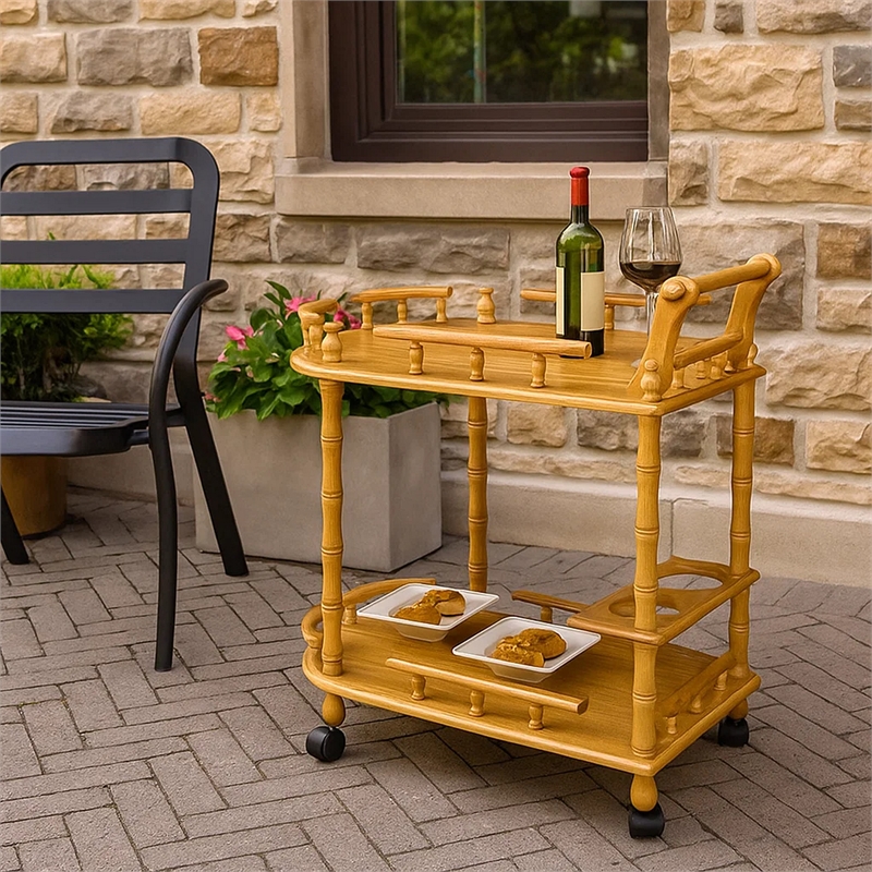 Pemberly Row 2-Tier Wine Table on Casters with Wine Rack in Oak Brown