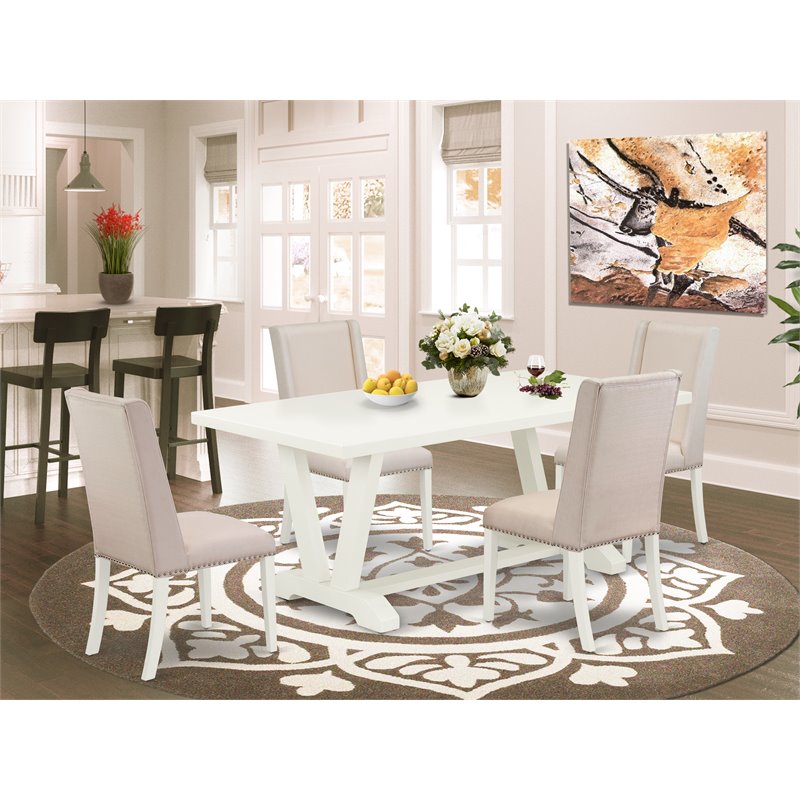 Pemberly Row 5-Piece Rubberwood Dining Set in Linen White & Cream Finish