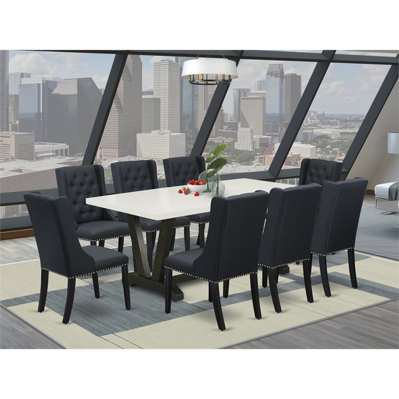 Pemberly Row 9-Piece Dining Set in Black Linen Fabric & Wire Brushed Finish