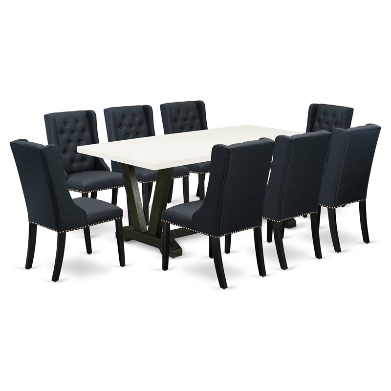 Pemberly Row 9-Piece Dining Set in Black Linen Fabric & Wire Brushed Finish