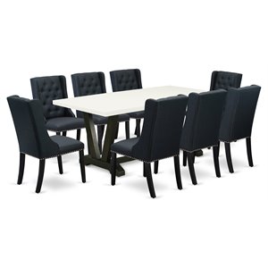 Pemberly Row 9-Piece Dining Set in Black Linen Fabric & Wire Brushed Finish
