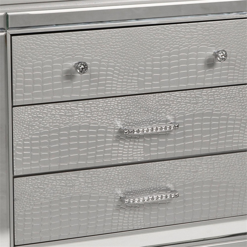 Pemberly Row 3-Drawer Nightstand with Mirror and Crystal Pulls in Gray