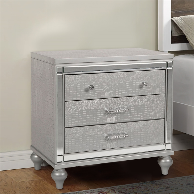 Pemberly Row 3-Drawer Nightstand with Mirror and Crystal Pulls in Gray