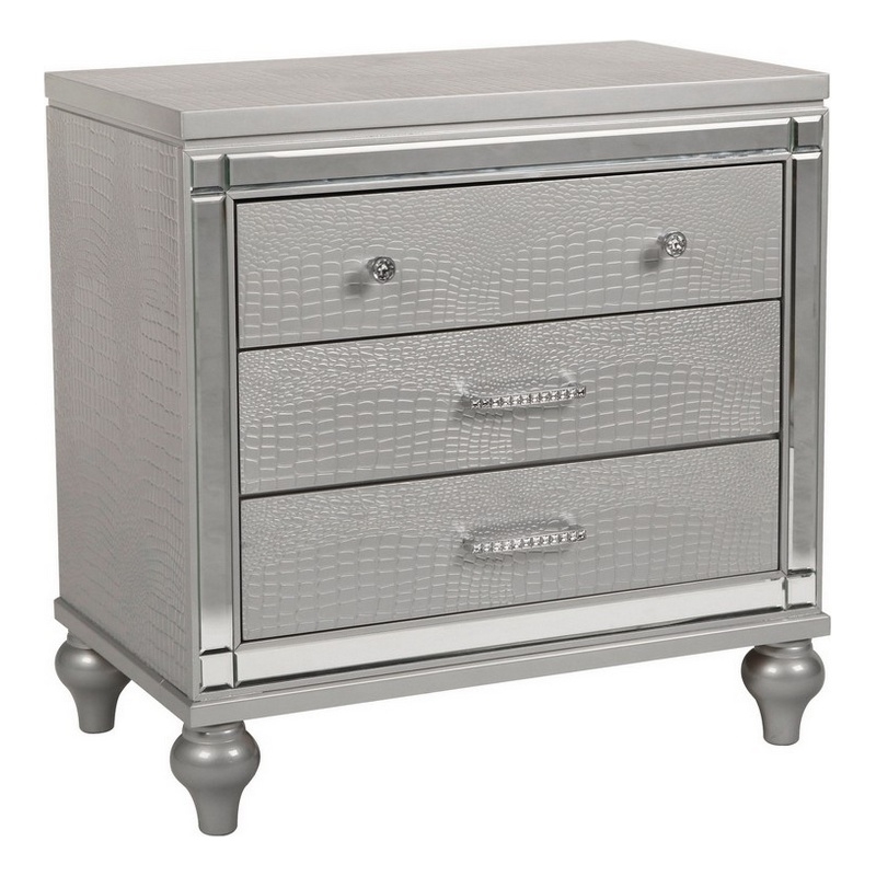 Pemberly Row 3-Drawer Nightstand with Mirror and Crystal Pulls in Gray