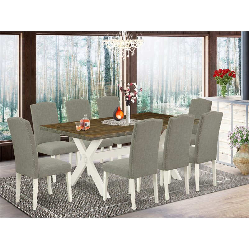 Pemberly Row 9-Piece Dining Set with Wood Table and Fabric Chairs